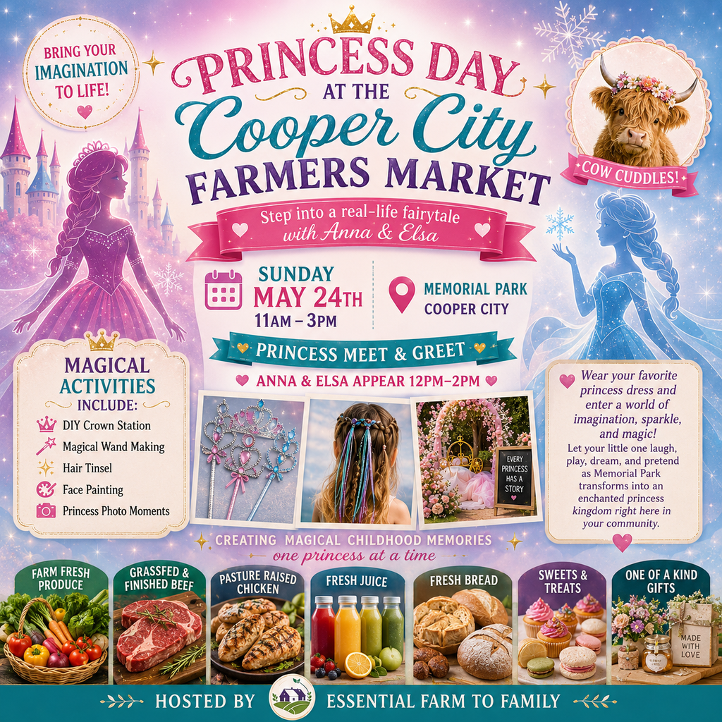 Cooper City Farmers Market flyer featuring silhouettes of princesses for "Princess Day" along with images of Farmers Market items: vegetables, meats, juices, breads, sweets and craft gifts.