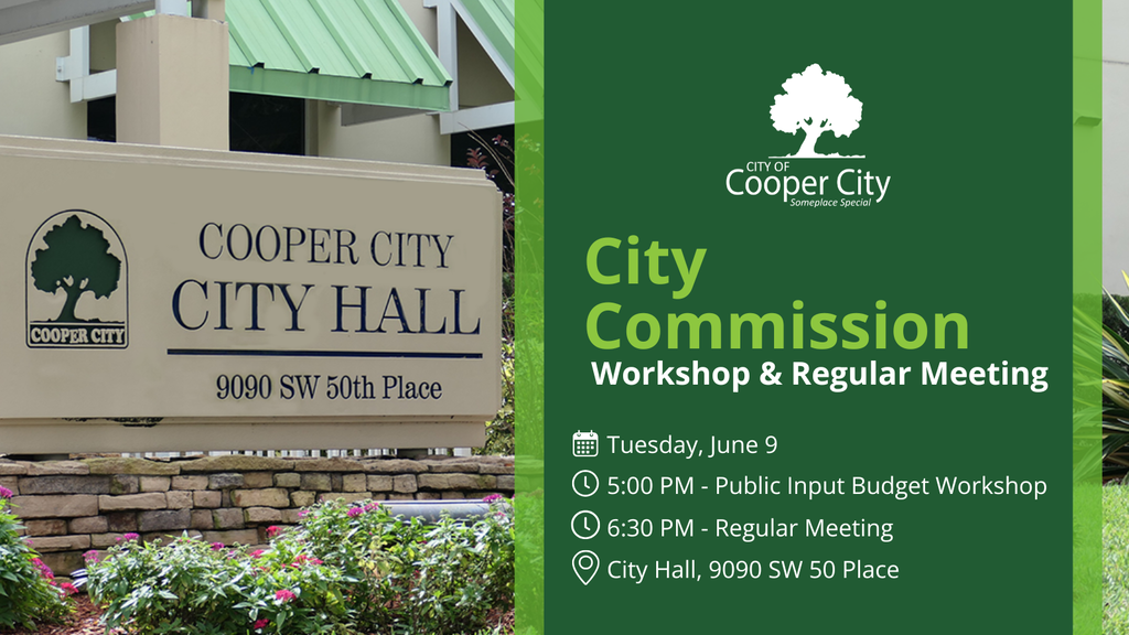 Sign outside of Cooper City City Hall that reads: Cooper City City Hall 9090 SW 50th Place
