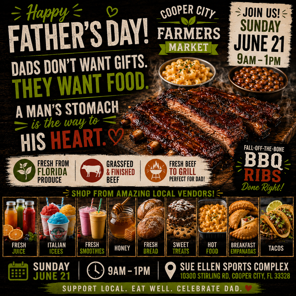 bbq ribs with mac and cheese and baked beans in the main photo with smaller images of other foods and beverages that will be available at the Farmers Market