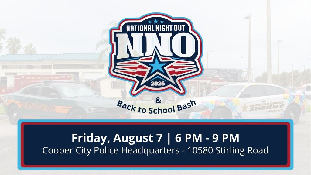 National Night Out logo with a photo of two police cruisers in the background. 