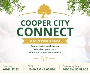 Cooper City Connect: A Non-Profit Expo logo with date of August 22, time of 10 AM to 1 PM, and location of Community Center at 9000 SW 50 Place.