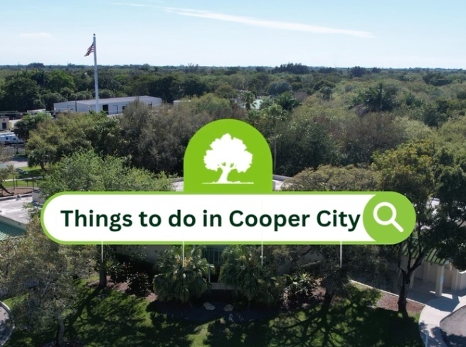 A search bar with "Things to do in Cooper City" and an aerial photo of the Cooper City Community Center in the background