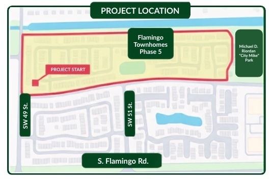 Project location map for the Flamingo Townhomes Phase 5 Water Service Line Replacement. The project area is highlighted along the east side of South Flamingo Road, extending south from SW 49 Street to Michael D. Riordan “City Mike” Park. A marker near the northern end of the highlighted area identifies the project starting point.