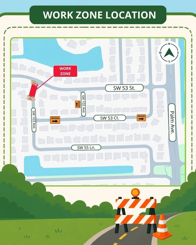 Work Zone location of lift station rehabilitation noting the work zone at the intersection of SW 53 Street and SW 103 Avenue