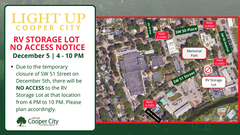 Map depicting road closures around Memorial Park due to Light Up Cooper City