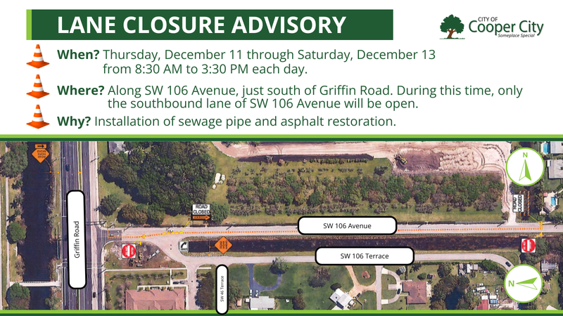 Map showing lane closure along SW 106 Avenue just south of Griffin Road
