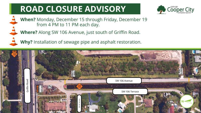 Map showing road closure along SW 106 Avenue, just south of Griffin Road