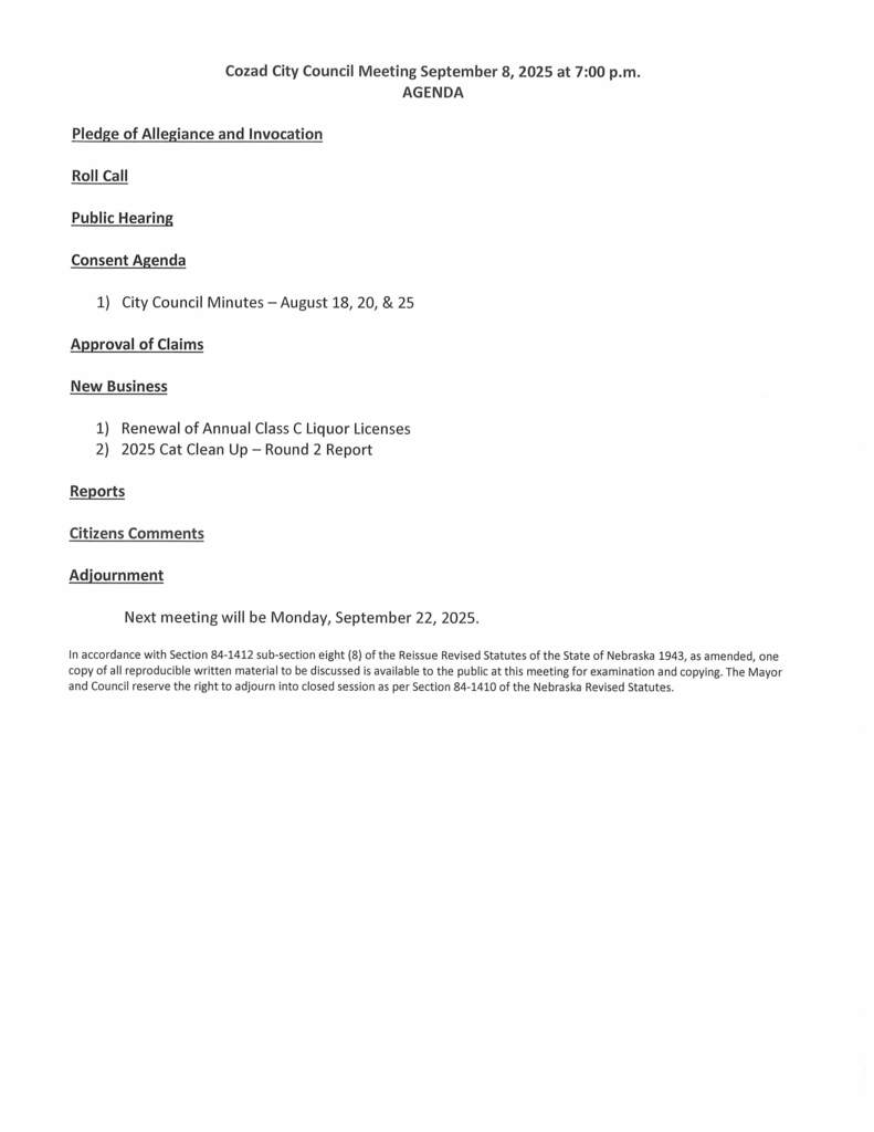 City of Cozad 9/8/25 Agenda