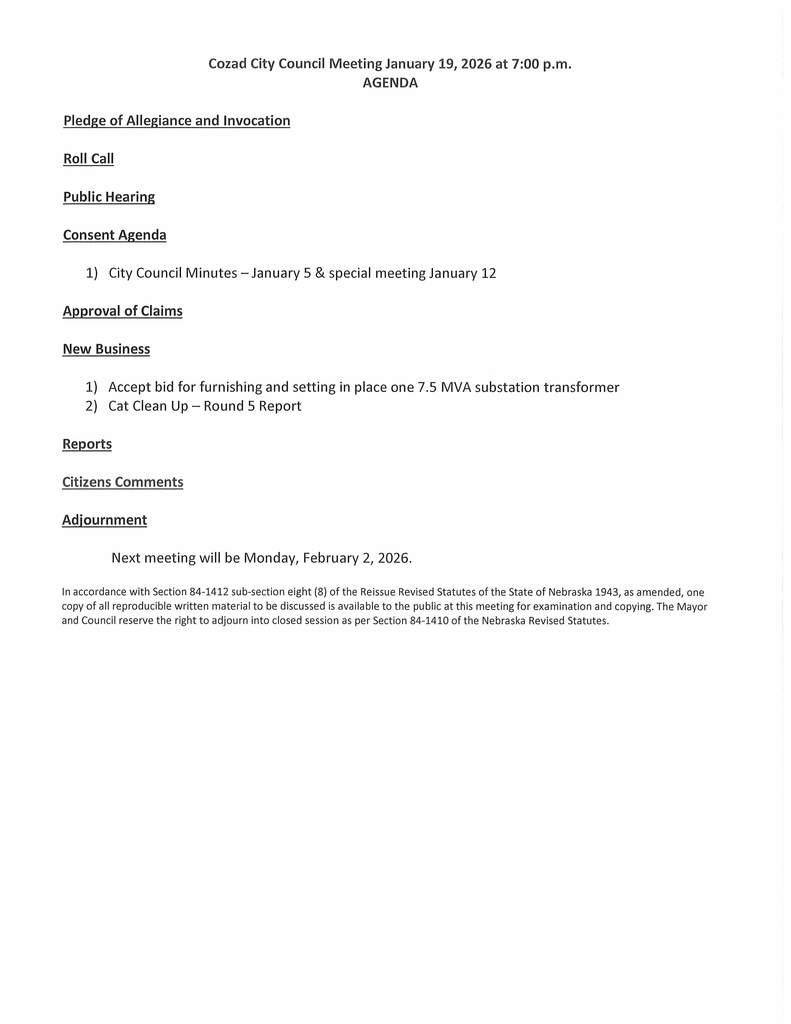 City of Cozad 1/19/2026 Agenda