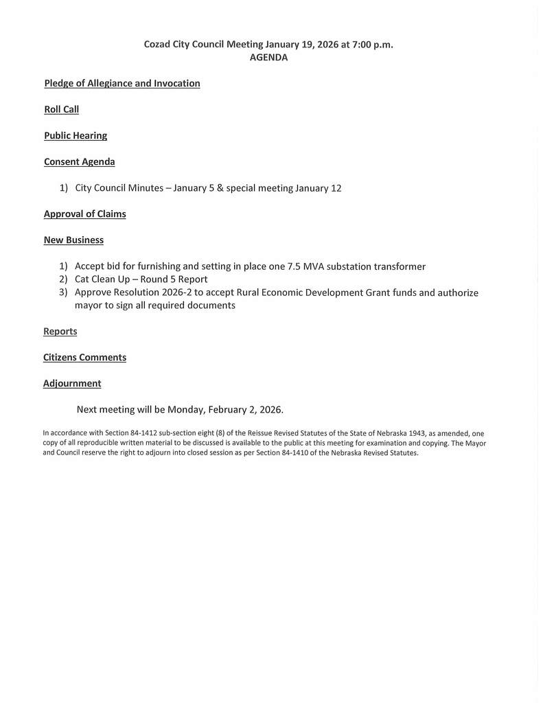City of Cozad Updated 1/19/2026 Agenda