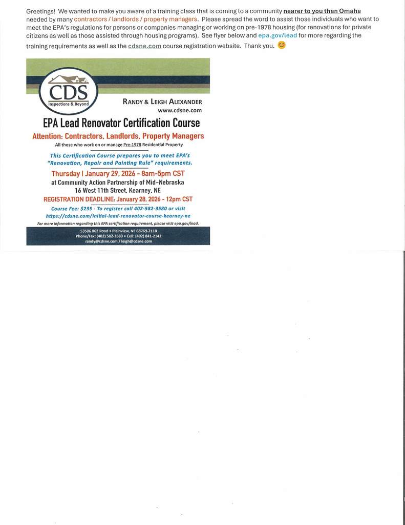 EPA Lead Renovator Certification Course Offered January 29, 2026 in Kearney, NE