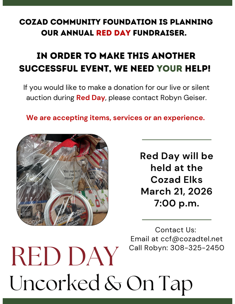 A request for donations flyer for the Cozad Community Foundation's Red Day event on March 21, 2026, at the Cozad Elks Club.