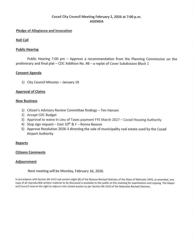City of Cozad 2/2/26 Agenda