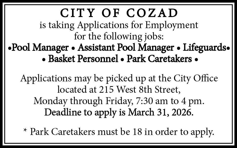 CityofCozad SummerJobs_2X2