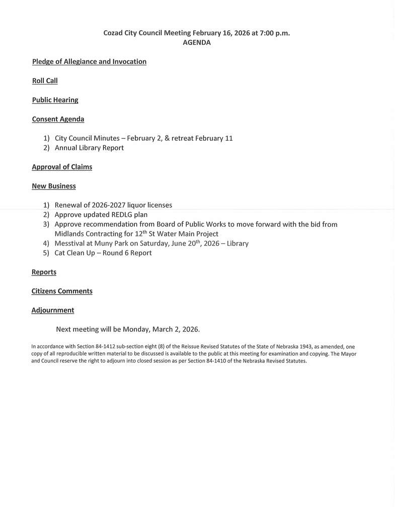 City of Cozad_2/16/26 Agenda