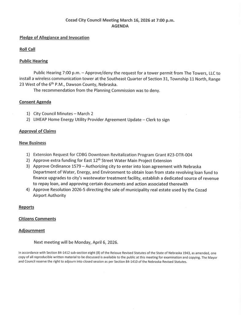 City of Cozad Agenda 3-16-26