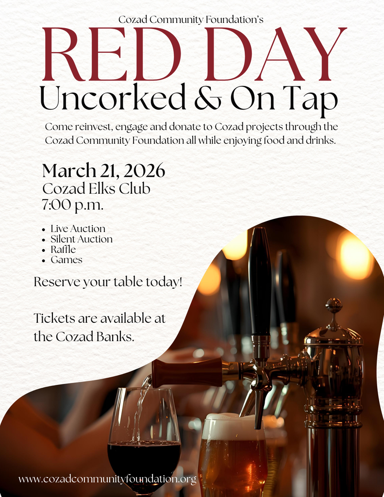 Red Day 2026 Flyer for March 21, 2026 at the Cozad Elks Club