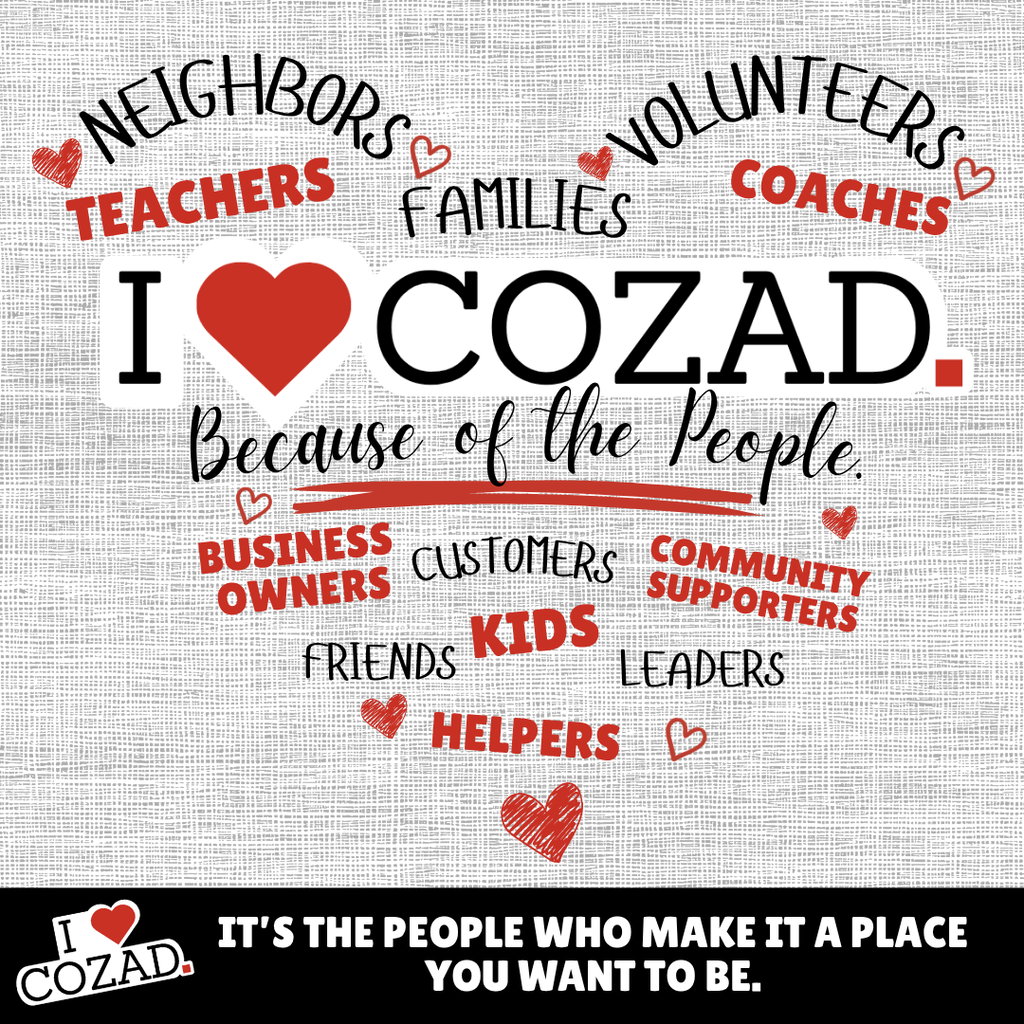 I Love Cozad. Because of the People. Heart Graphic with words.