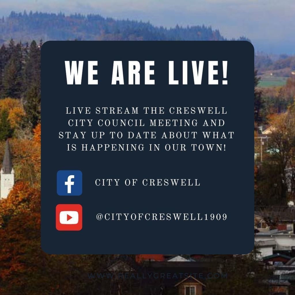 We are live! Live stream the Creswell City Council Meeting and stay up to date about what is happening in our town! Facebook: City of Creswell. YouTube: @CityofCreswell1909