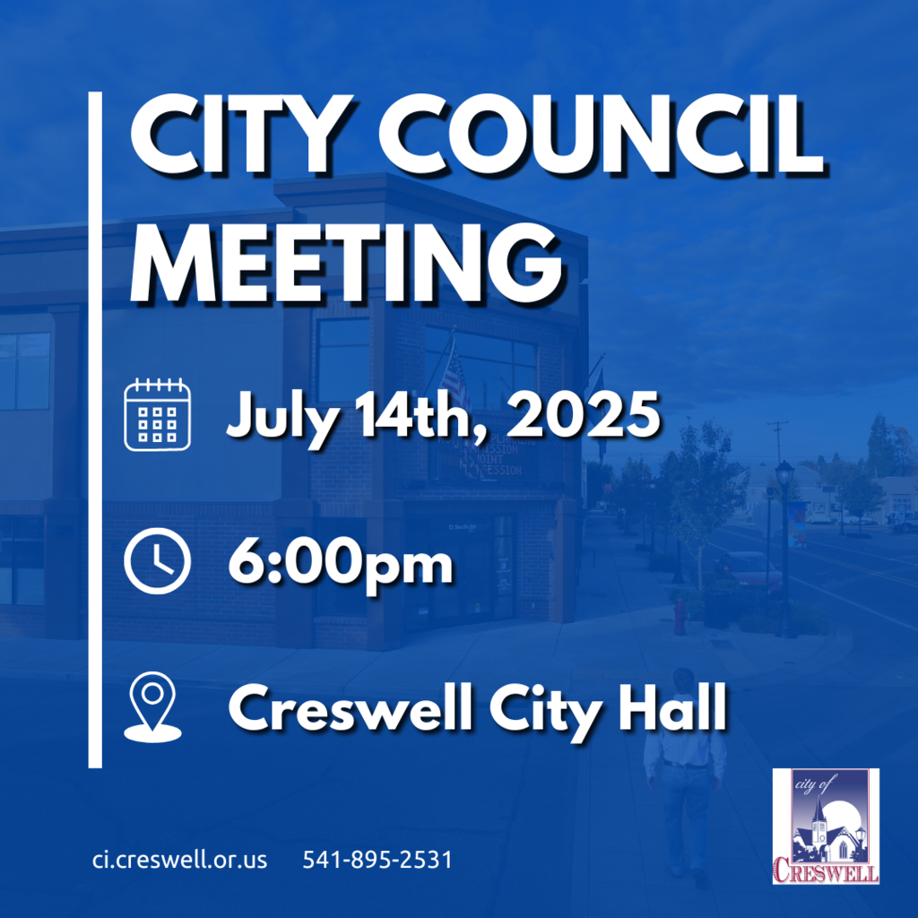 City Council Meeting, July 14th at 6pm in Creswell City Hall.