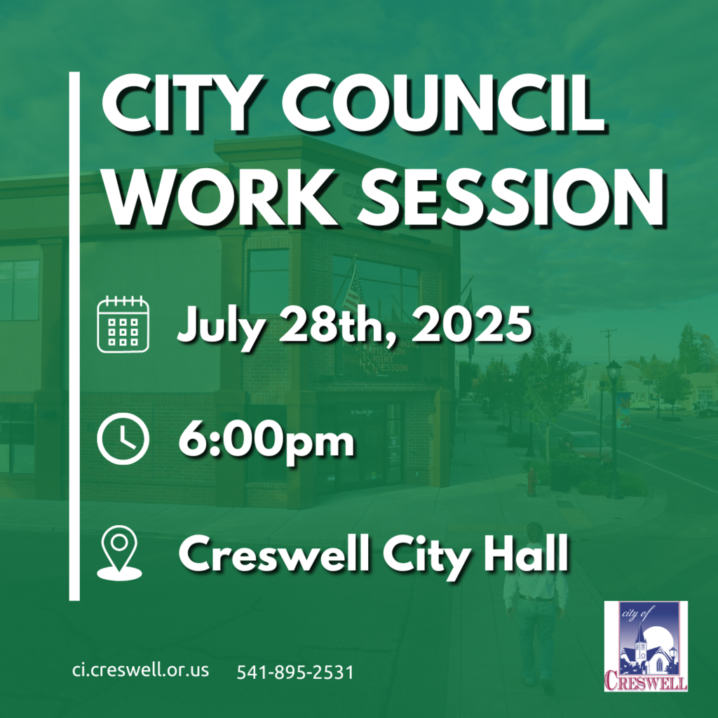 Creswell City Council Work Session. July 28th, 2025, at 6pm in Creswell City Hall.