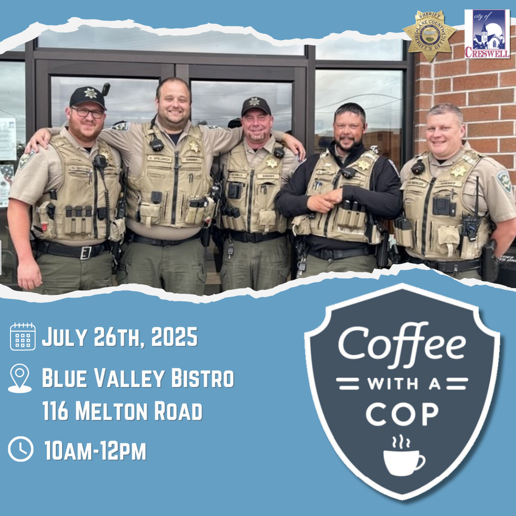 Coffee With a Cop, July 26th, 2025, at 10am at Blue Valley Bistro in Creswell