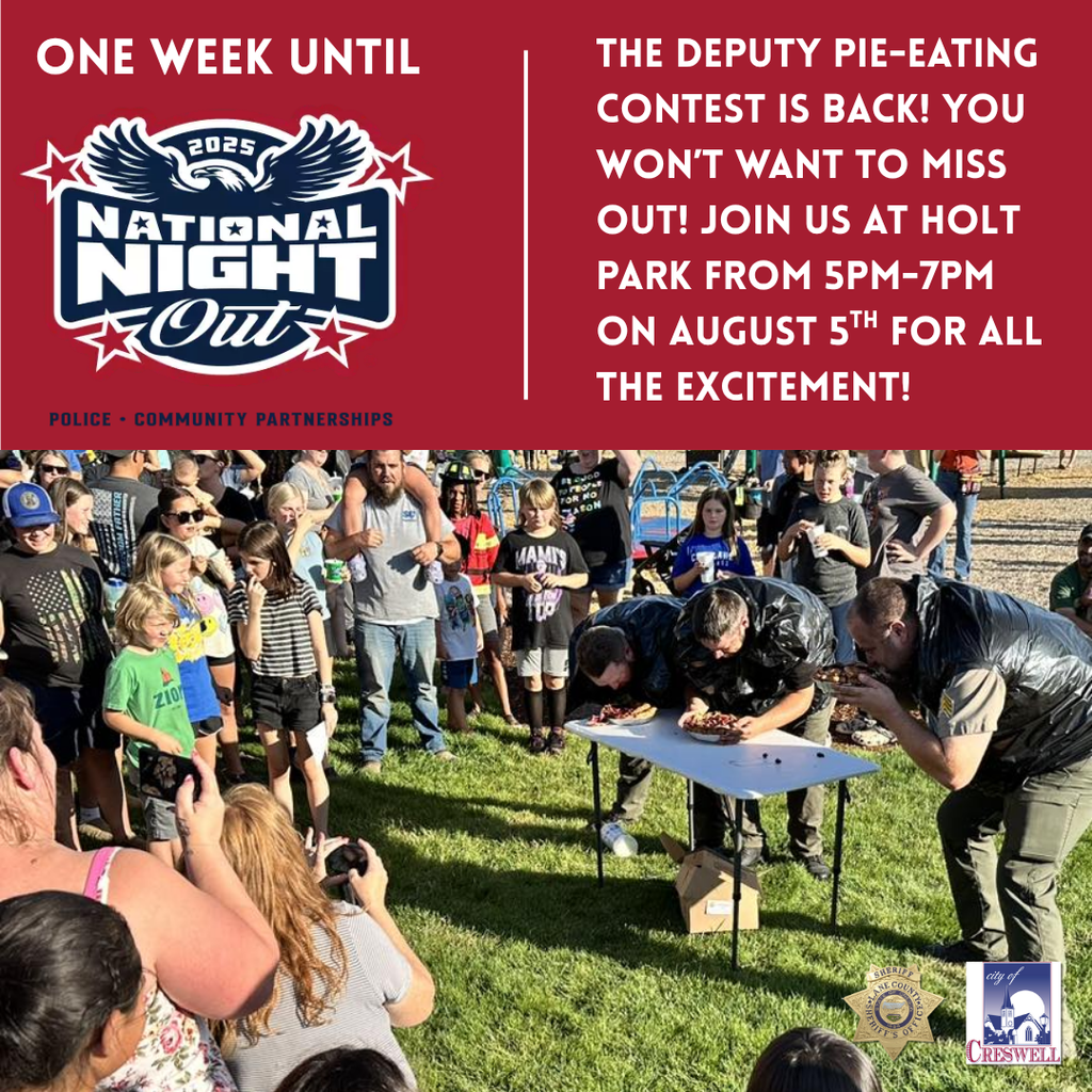 One Week Until National Night Out! The Deputy Pie-Eating Contest is back! You won’t want to miss out! Join us at Holt Park from 5pm-7pm on August 5th for all the excitement!