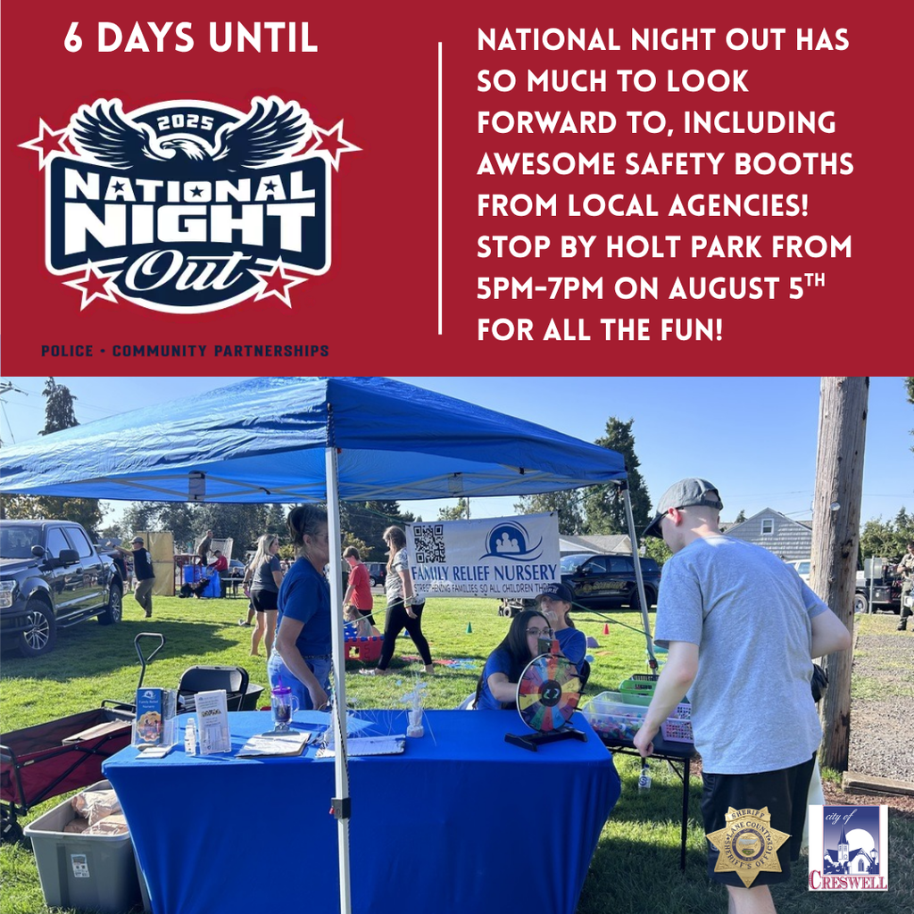 6 Days until National Night Out. National Night Out has so much to look forward to, including awesome Safety Booths from local agencies! Stop By Holt Park from 5pm-7pm on August 5th for all the Fun!