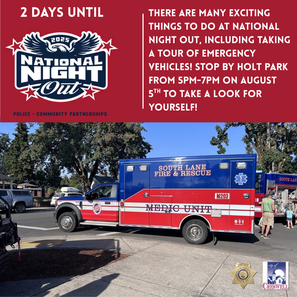 2 Day until National Night Out! There are many exciting things to do at National Night out, including taking a tour of emergency vehicles! Stop by Holt Park from 5pm-7pm on August 5th to take a look for yourself!