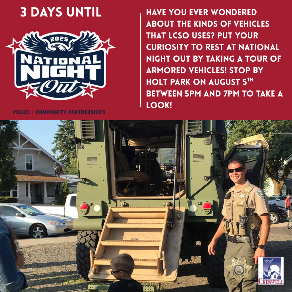 3 Days until National Night Out 2025! Have you ever wondered about the kinds of vehicles that lcso uses? put your curiosity to rest at national night out by taking a tour of armored vehicles! Stop by Holt Park on august 5th between 5pm and 7pm to take a look!