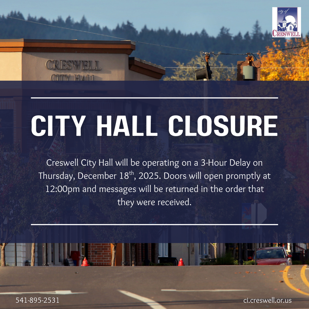 City Hall Closure. Creswell City Hall will be operating on a 3-Hour Delay on Thursday, December 18th, 2025. Doors will open promptly and 12pm and all messages will be returned in the order they were received. 