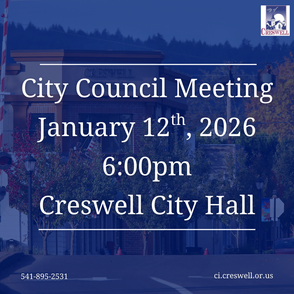 The Creswell City Council will be holding their monthly meeting on Monday, January 12th, 2026, at 6pm in the McCluskey Chamber in Creswell City Hall. Members of the public are welcome to attend and the meeting will be live streamed on the official City of Creswell Facebook page and YouTube Channel.