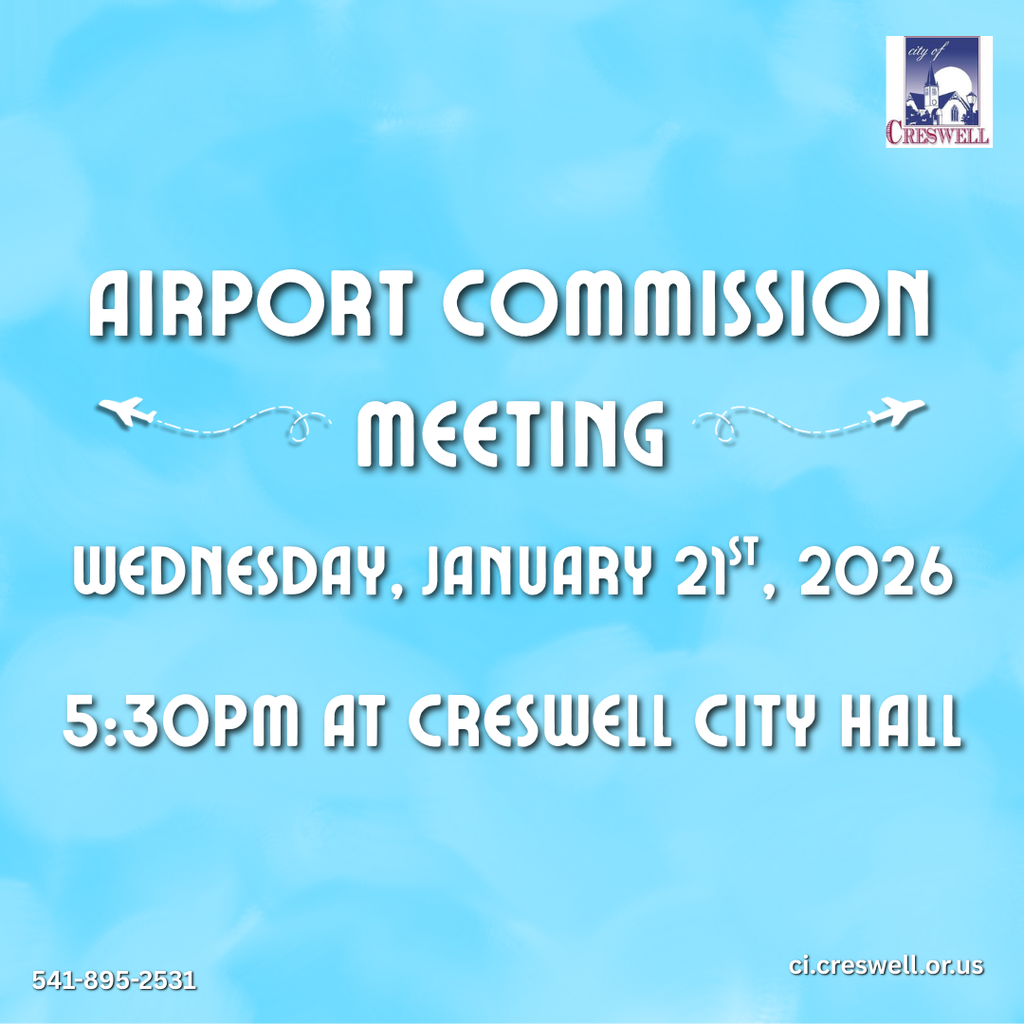 The City of Creswell Airport Commission will be meeting on Wednesday, January 21st, 2026, at 5:30pm in the Creswell City Hall Conference Room. Members of the public are welcome to attend.