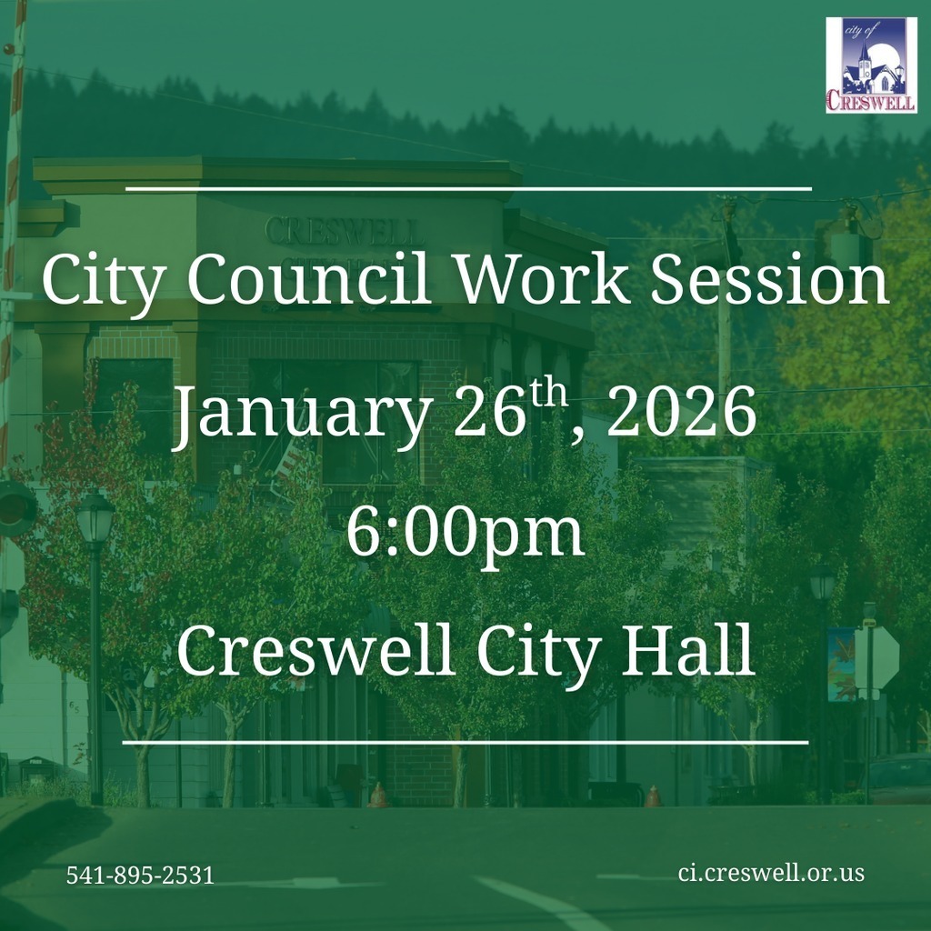 The Creswell City Council will hold their monthly Work Session on Monday, January 26th, 2026, at 6:00pm in the McCluskey Chambers of Creswell City Hall. Members of the public are welcome to attend and the meeting will be livestreamed on Facebook and YouTube.