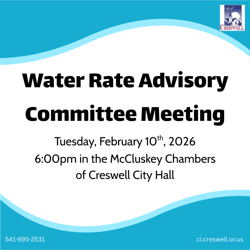 The City of Creswell Water Rate Advisory Committee will be meeting on Tuesday, February 10th, 2026, at 6pm in the McCluskey Chambers of Creswell City Hall. Members of the public are welcome to attend and the meeting will be live streamed on the City of Creswell's official Facebook and YouTube channel.