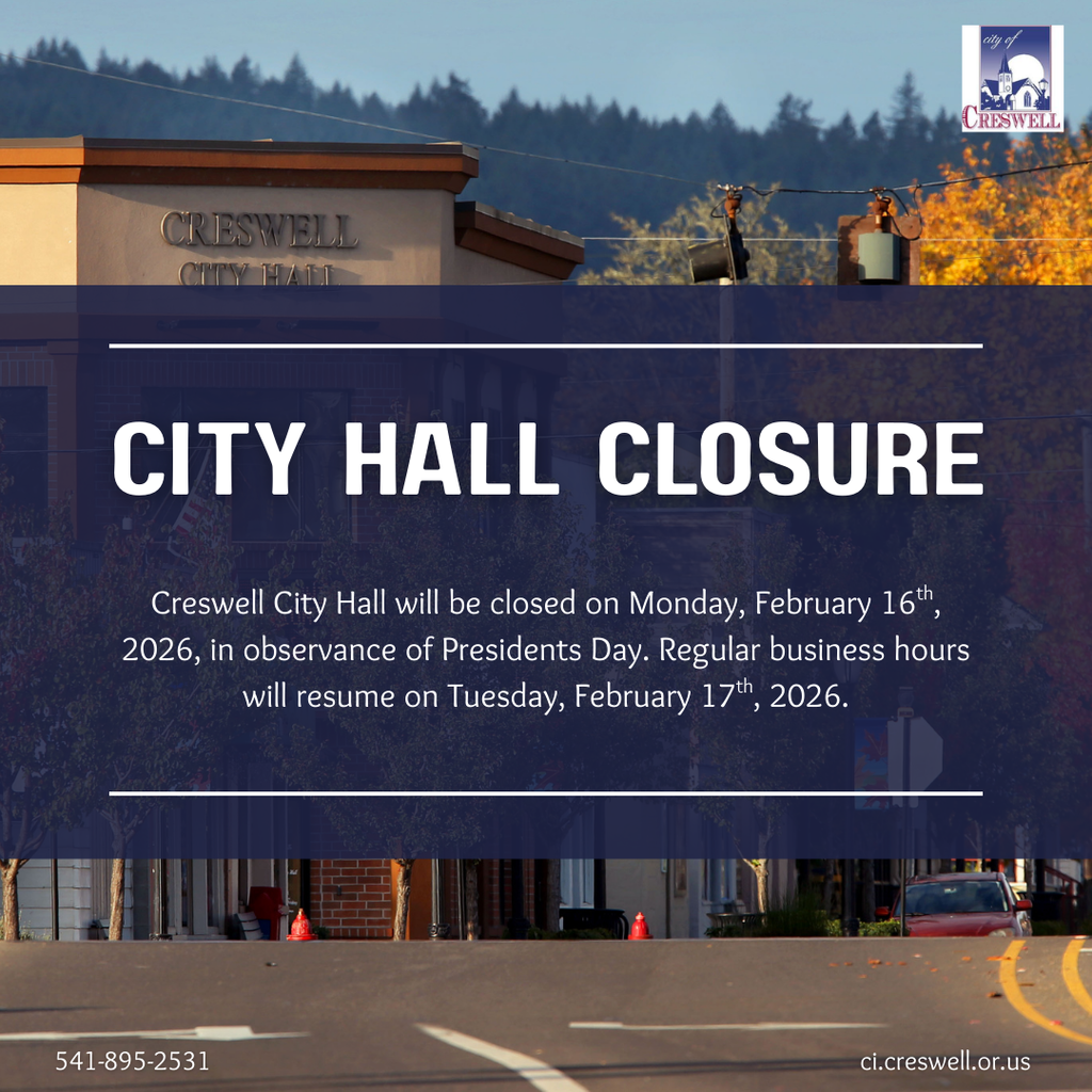 Creswell City Hall will be closed on Monday, February 16th, 2026, in observance of Presidents Day. Regular business hours will resume the following day, and all messages will be returned in the order that they were received.