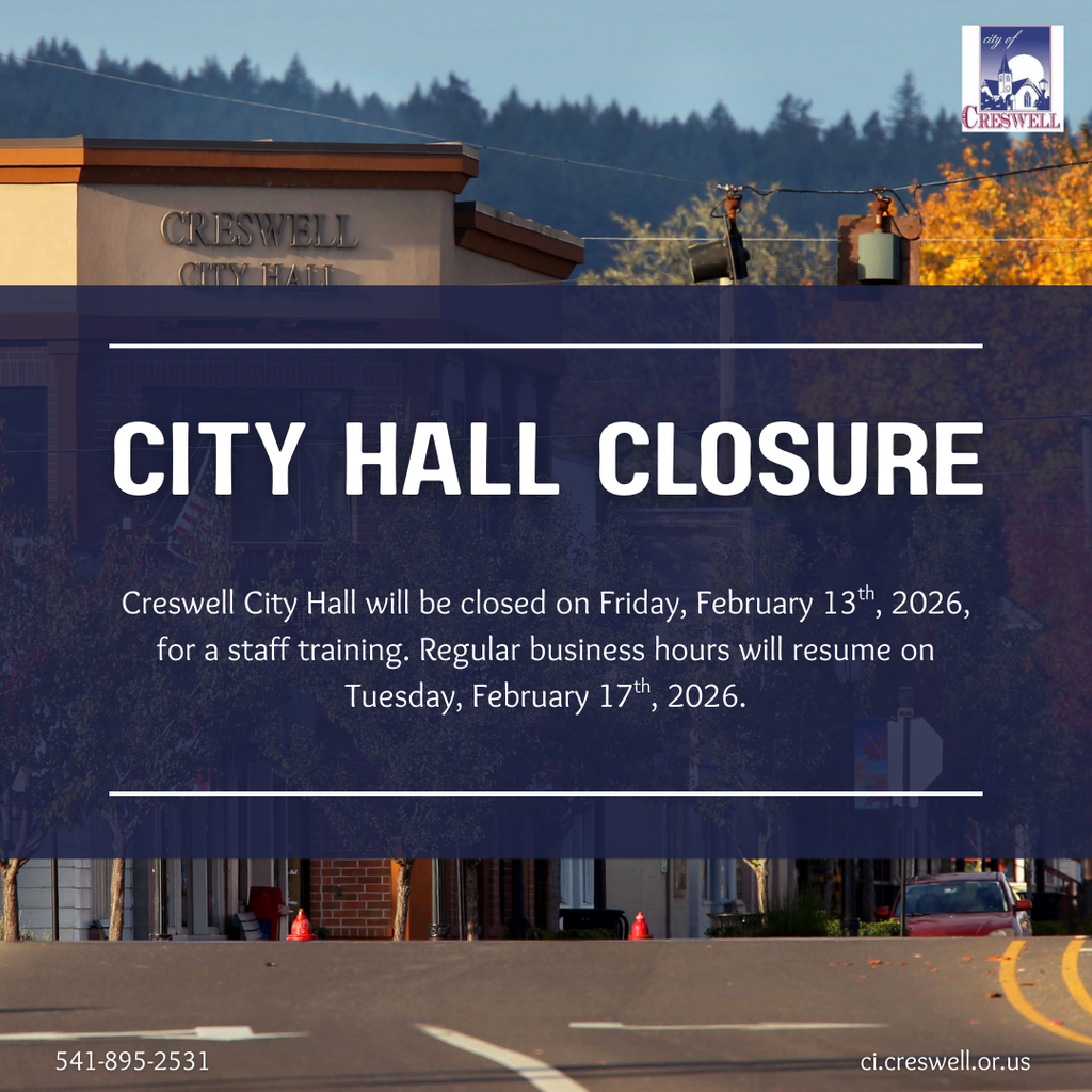 Creswell City Hall will be closed for staff training on Friday, February 13th, 2026. Regular business hours will resume on Tuesday, February 17th, 2026. 