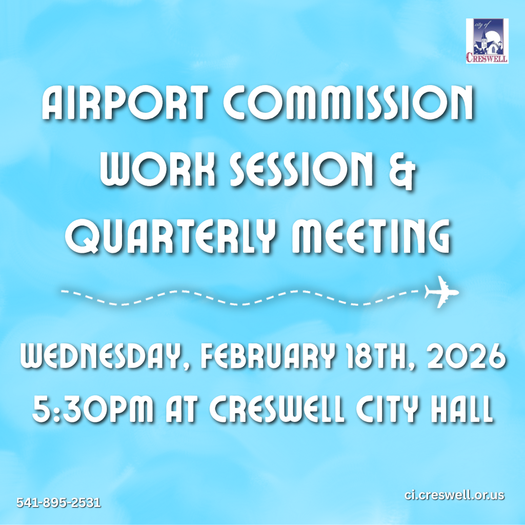 The City of Creswell Airport Commission will be meeting on Wednesday, February 18th, 2026, at 5:30pm in Creswell City Hall. Members of the public are welcome to attend.