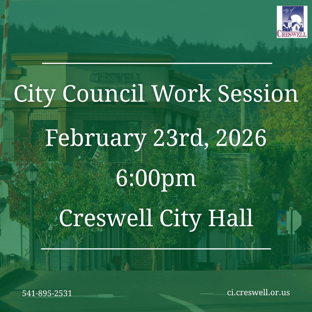 The Creswell City Council will be holding their monthly work session on Monday, February 23rd, 2026, at 6pm in the McCluskey Chambers of Creswell City Hall. Members of the public are welcome to attend and the meeting will be livestreamed on Facebook and YouTube. 