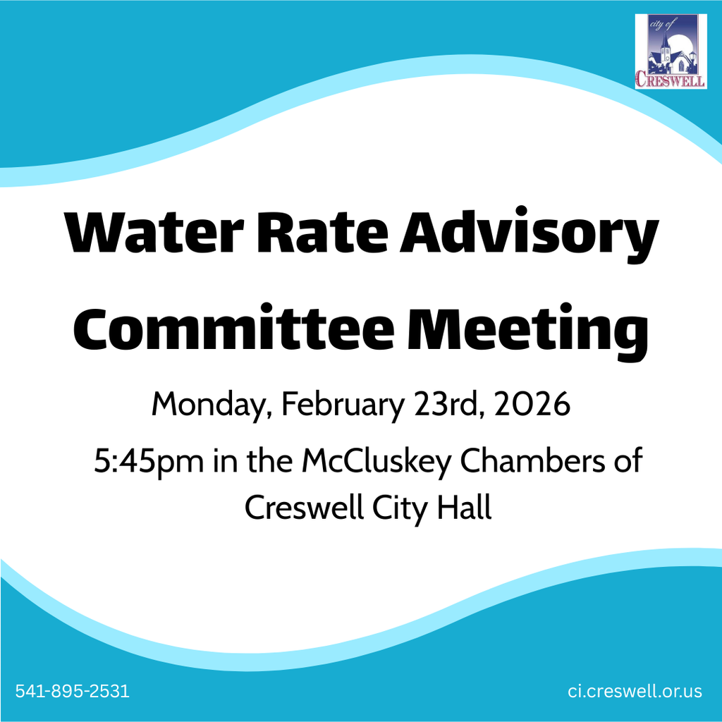 The City of Creswell Water Rate Advisory Committee will be meeting on Monday, February 13th, 2026, at 5:45pm in the McCluskey Chambers of Creswell City Hall. Members of the public are welcome to attend.