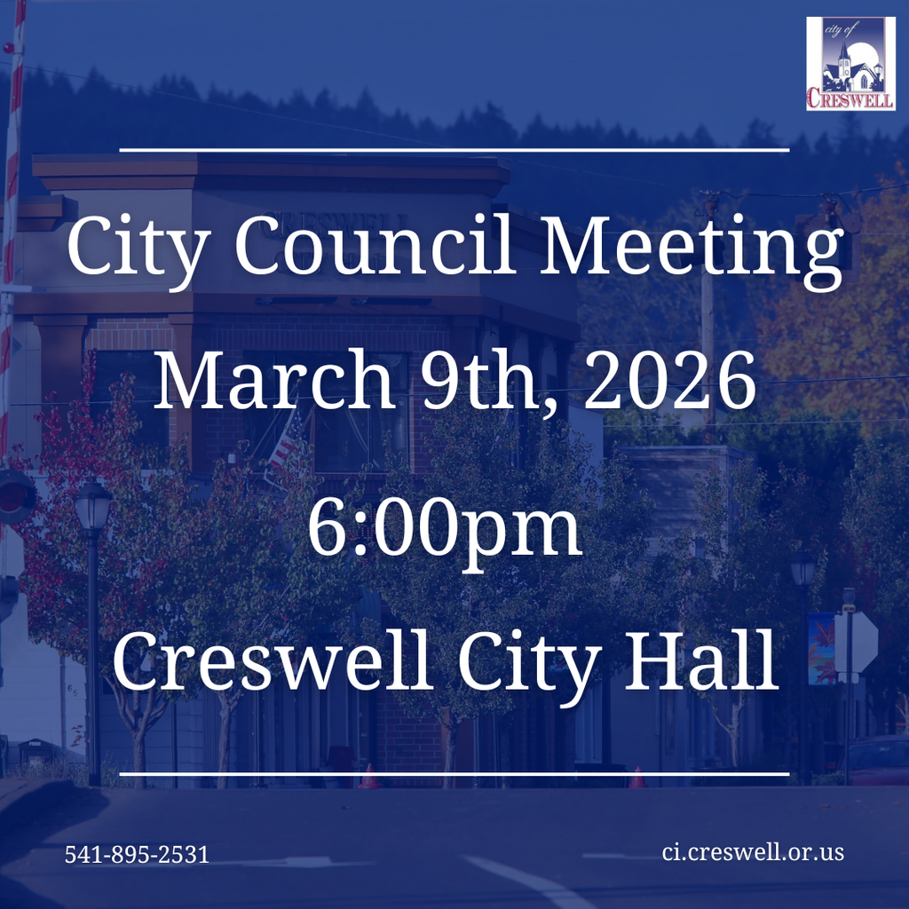 The Creswell City Council will be holding their monthly meeting on Monday, March 9th, 2026, at 6pm in McCluskey Chambers in Creswell City Hall. Members of the public are welcome to attend, and the meeting will be livestreamed on Facebook and YouTube