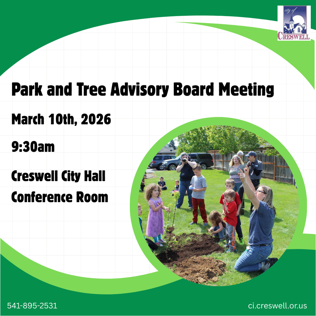 The City of Creswell Park & Tree Advisory Board will be holding their monthly meeting on Tuesday, March 10th, 2026, at 9:30am in the City Hall Conference Room. Members of the public are welcome to attend.