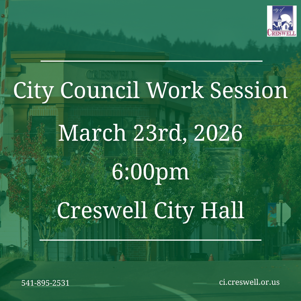 The Creswell City Council will be holding their monthly work session on Monday, March 23rd, 2026, at 6pm in Creswell City Hall. Members of the public are welcome to attend, and the meeting will be live streamed on Facebook and YouTube
