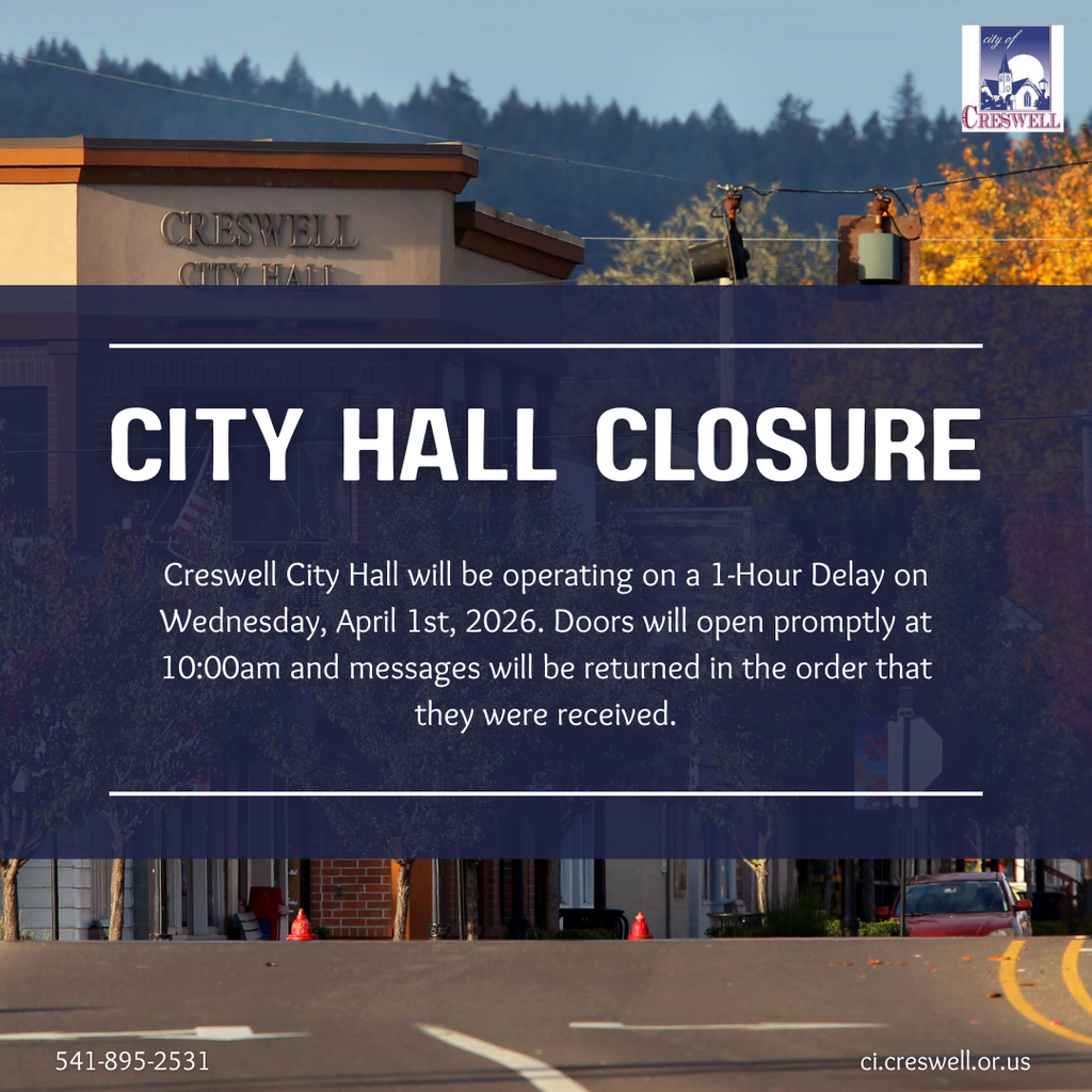 City Hall Closure. Creswell City Hall will be operating on a 1-Hour Delay on Wednesday, April 1st, 2026. Doors will open promptly at 10:00am and messages will be returned in the order that they were received.