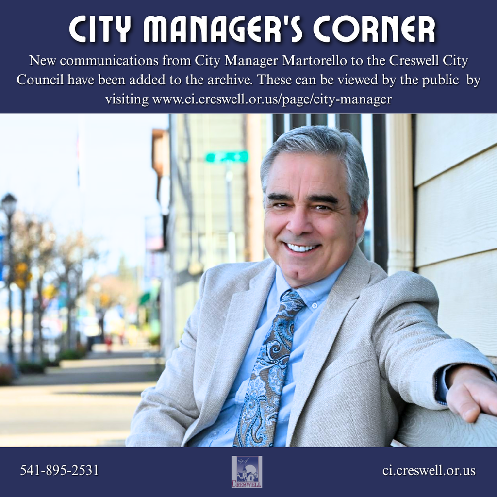 New communications from City Manager Martorello to the Creswell City Council have been added to the archive. These can be viewed by the public  by visiting www.ci.creswell.or.us/page/city-manager