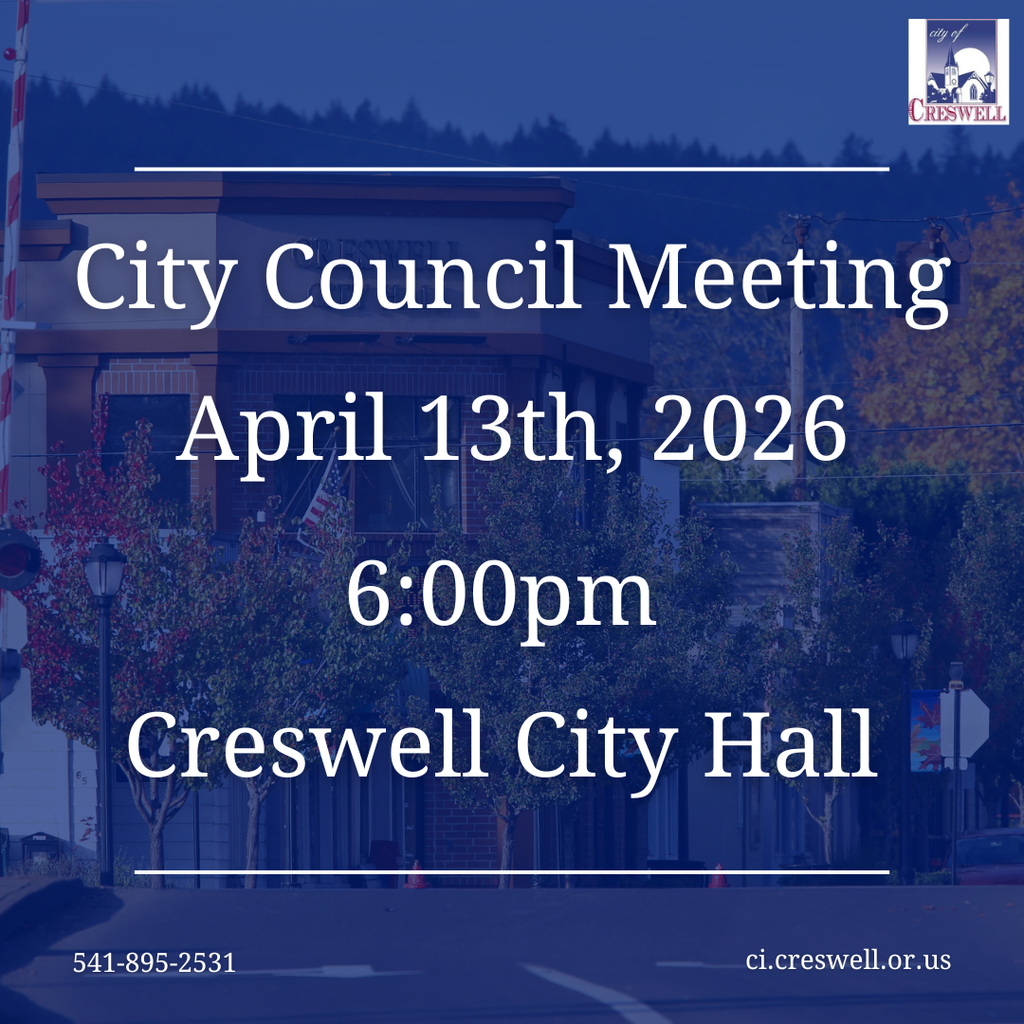 The Creswell City Council will be holding their monthly meeting on Monday, April 13th, 2026, at 6pm in the Council Chambers of Creswell City Hall. Members of the public are welcome to attend, and the meeting will be live streamed on Facebook and YouTube.