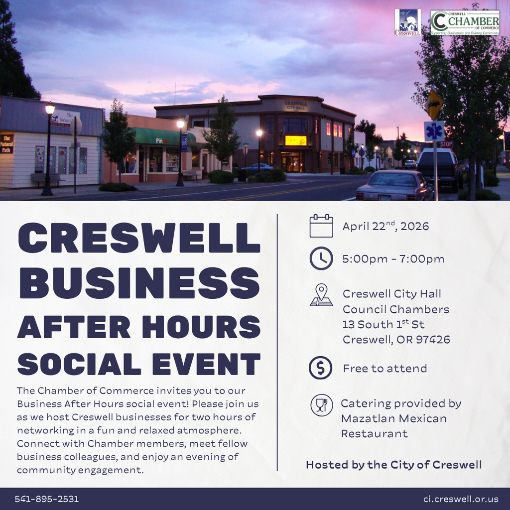The Chamber of Commerce invites you to our Business After Hours social event! Please join us as we host Creswell businesses for two hours of networking in a fun and relaxed atmosphere. Connect with Chamber members, meet fellow business colleagues, and enjoy an evening of community engagement.   Event Details • Date: April 22 • Time: 5:00–7:00 PM • Location: Council Chambers, Creswell City Hall • Hosted by: City of Creswell • Cost: Free to attend • Catering: Provided by Mazatlan Mexican Restaurant   We hope to see you there!
