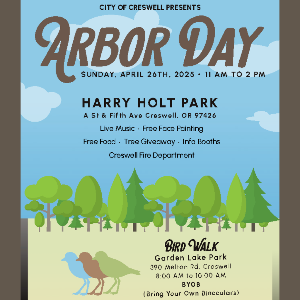 The City of Creswell presents the Arbor Day Celebration. Sunday, April 26th, 2025, from 11am to 2pm at Harry Holt Park (A Street and 5th Avenue in Creswell, Oregon). You can look forward to live music, free facepainting, free food, tree giveaways, info booths, the Creswell Fire Department, and so much more!