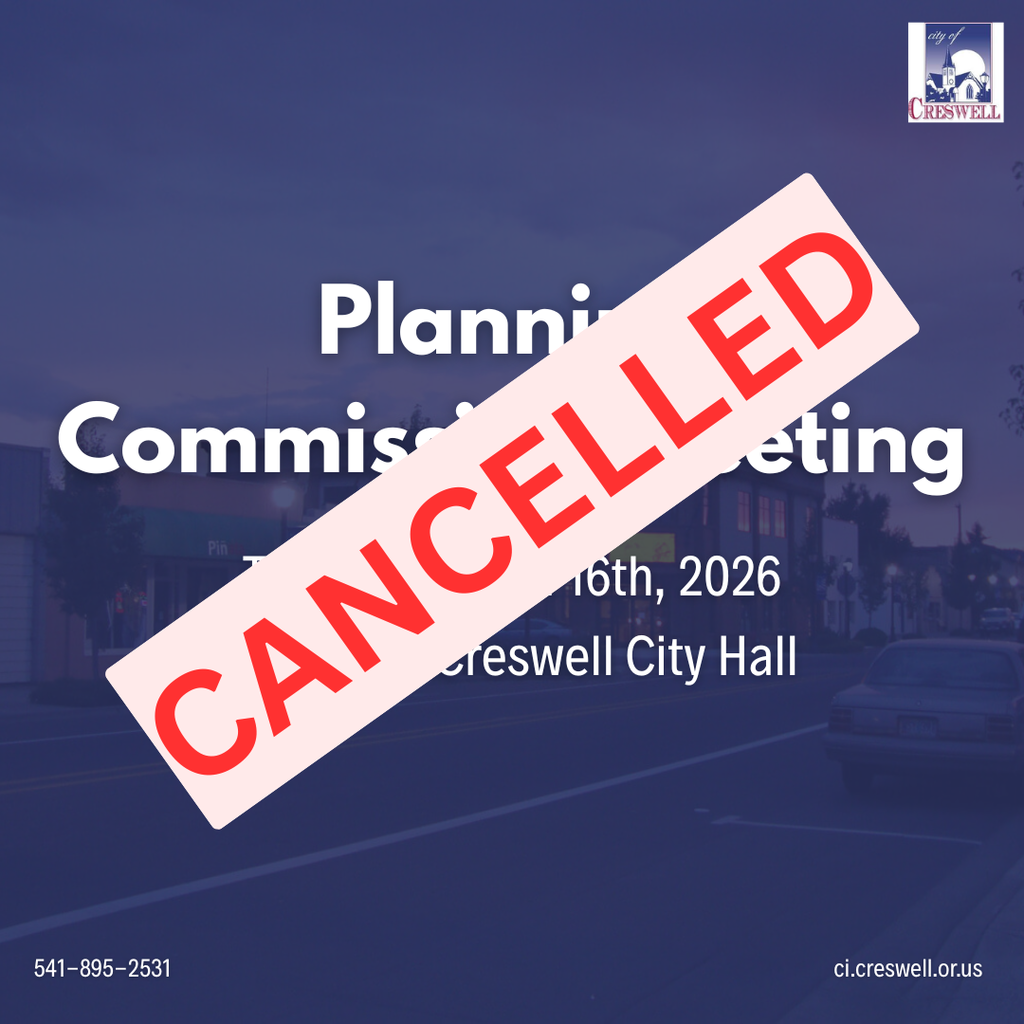 The April meeting of the City of Creswell Planning Commission has been cancelled. Meetings are set to resume in May 2026.