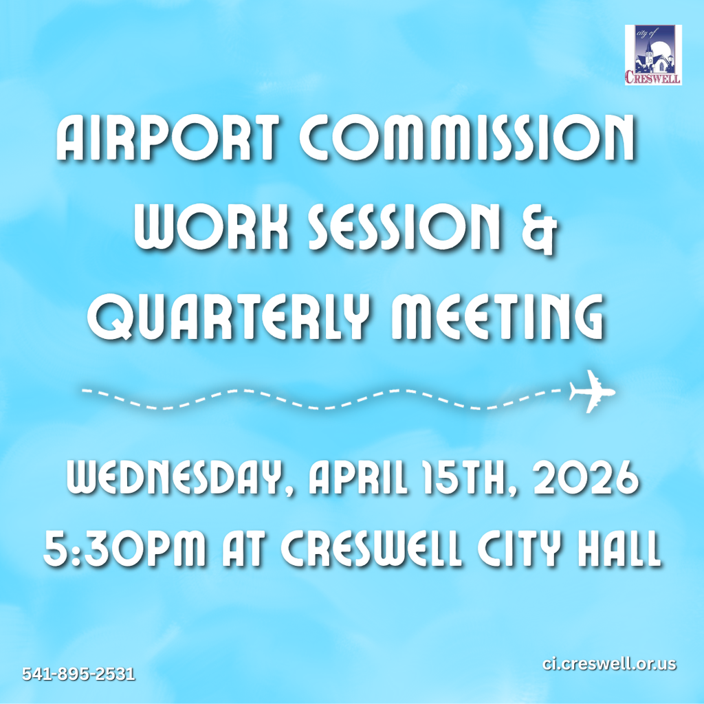 The City of Creswell Airport Commission will be meeting on Wednesday, April 15th, 2026, at 5:30pm in Creswell City Hall. Members of the public are welcome to attend.